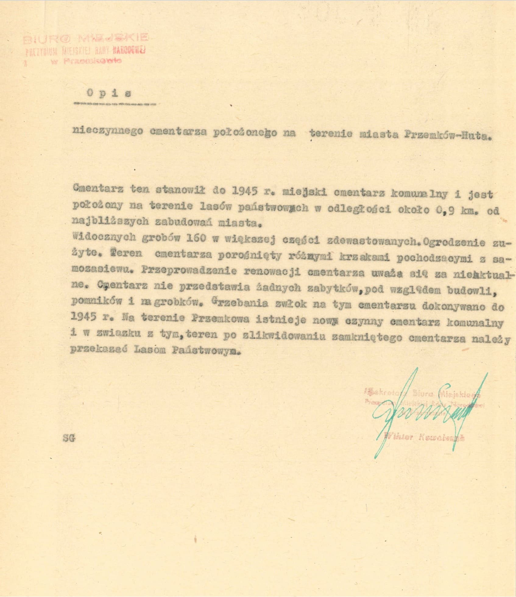 Kopia opisu nieczynnego cmentarza położonego na terenie miasta Przemków-Huta - Strona 1