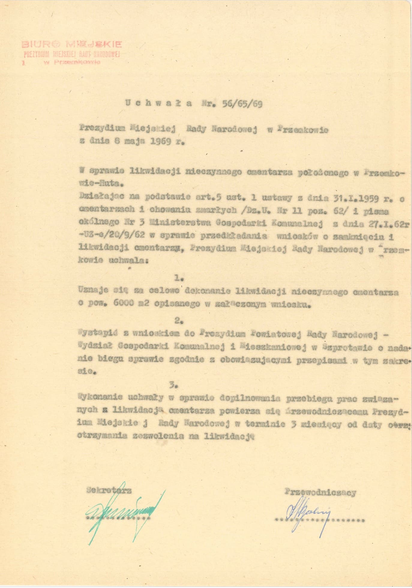 Kopia Uchwały Nr. 56/65/69 Prezydium Miejskiej Rady Narodowej w Przemkowie z dnia 8 maja 1969 roku - Strona 1