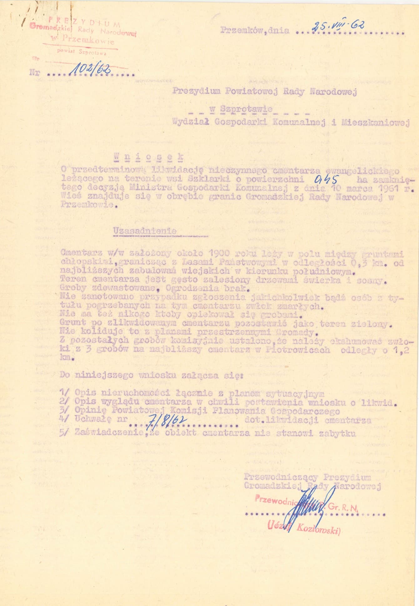 Kopia Wniosku o przedterminową likwidację nieczynnego cmentarza ewangelickiego z dnia 25.08.1962 - Strona 1