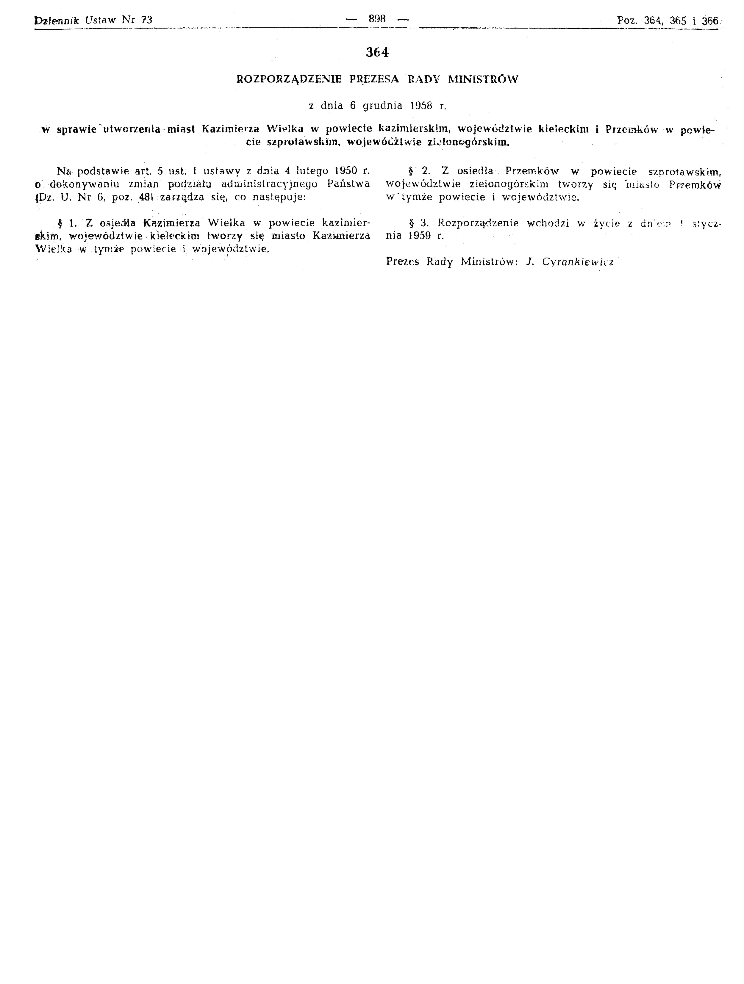 Kopia Rozporządzenia Prezesa Rady Ministrów z dnia 6.12.1958 r. - Strona 1