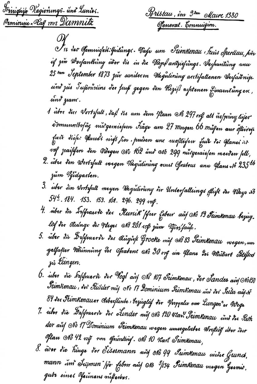 Kopia Zawiadomienia Królewskiej Komisji Generalnej we Wrocławiu z 1880 roku, dotyczące procesu tzw. separacji (komasacji gruntów) w Przemkowie - Strona 1