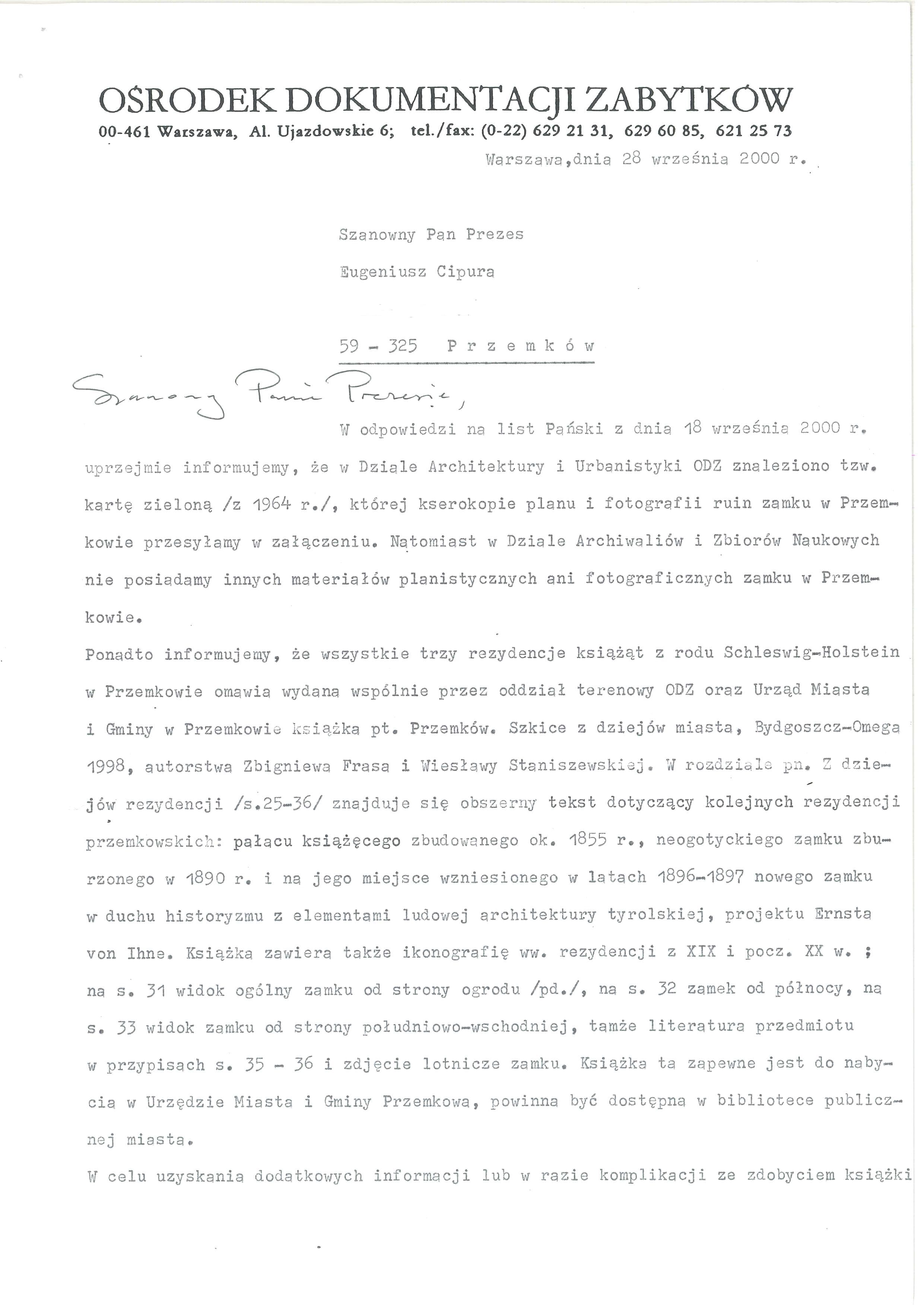 Kopia listu Ośrodka Dokumentacji Zabytków - Strona 1