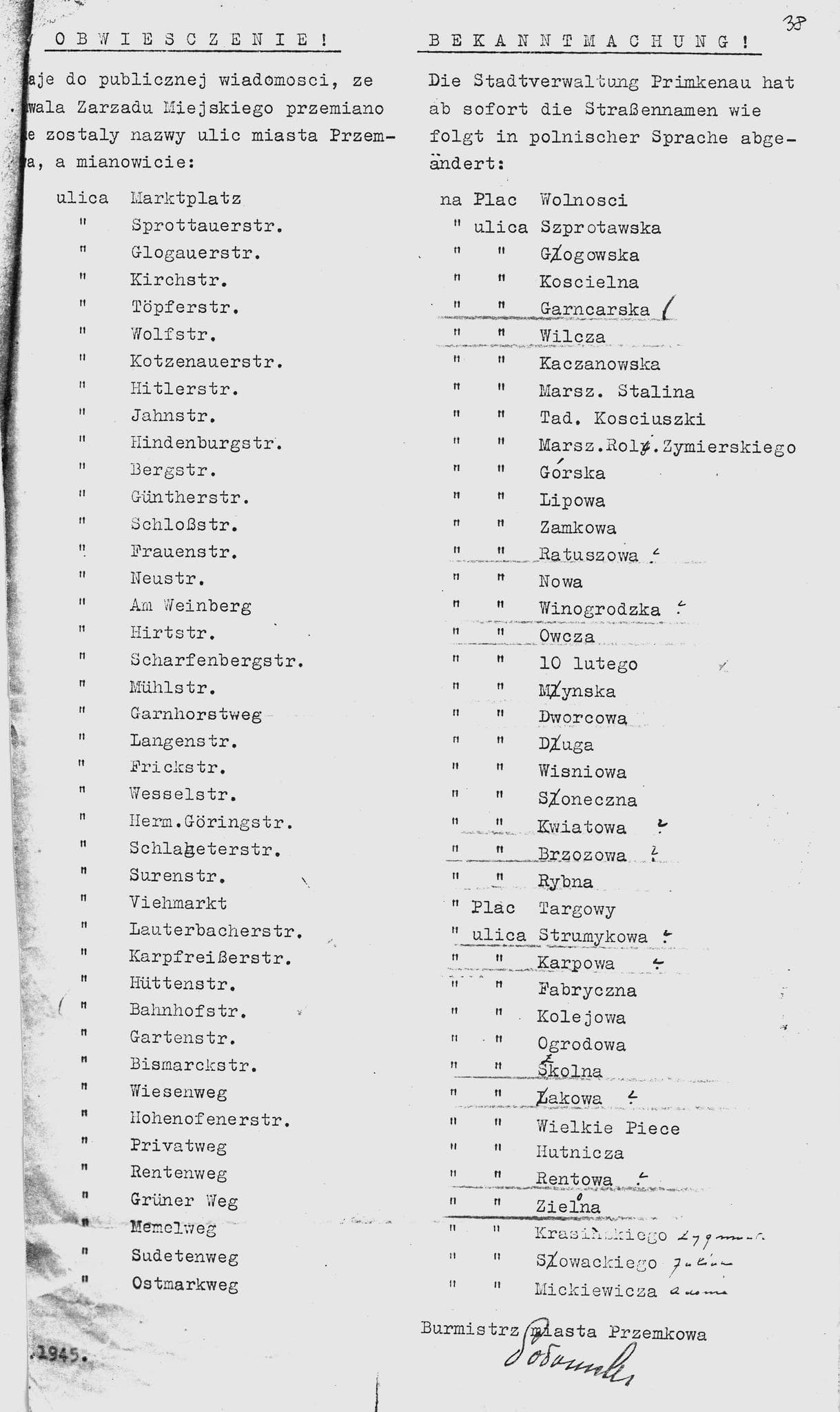 Kopia Obwieszczenia Zarządu Miasta o zmianie nazw ulic