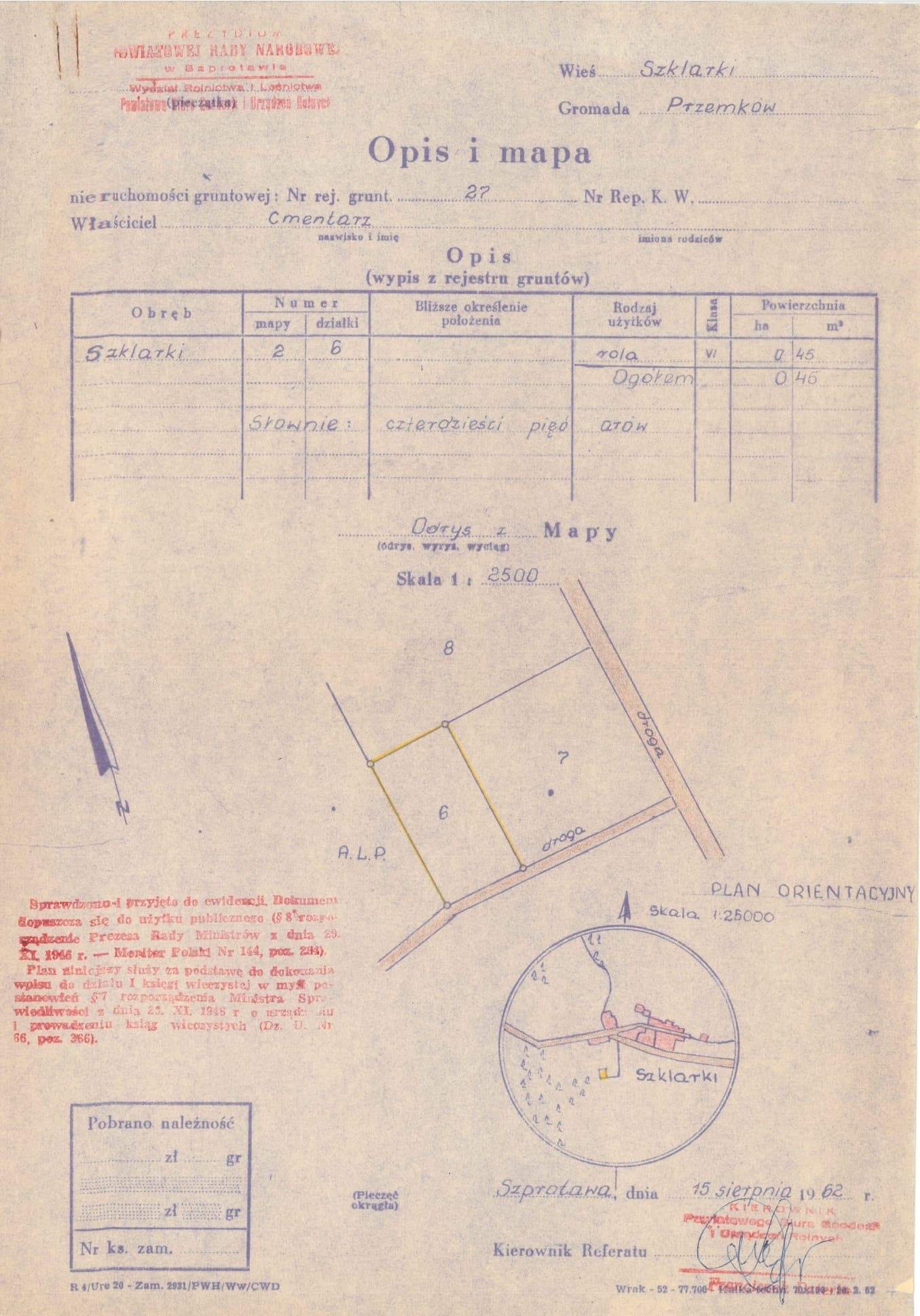 Kopia Opisu i mapy cmentarza na Dużej Hucie z dnia 15.08.1962 - Strona 1