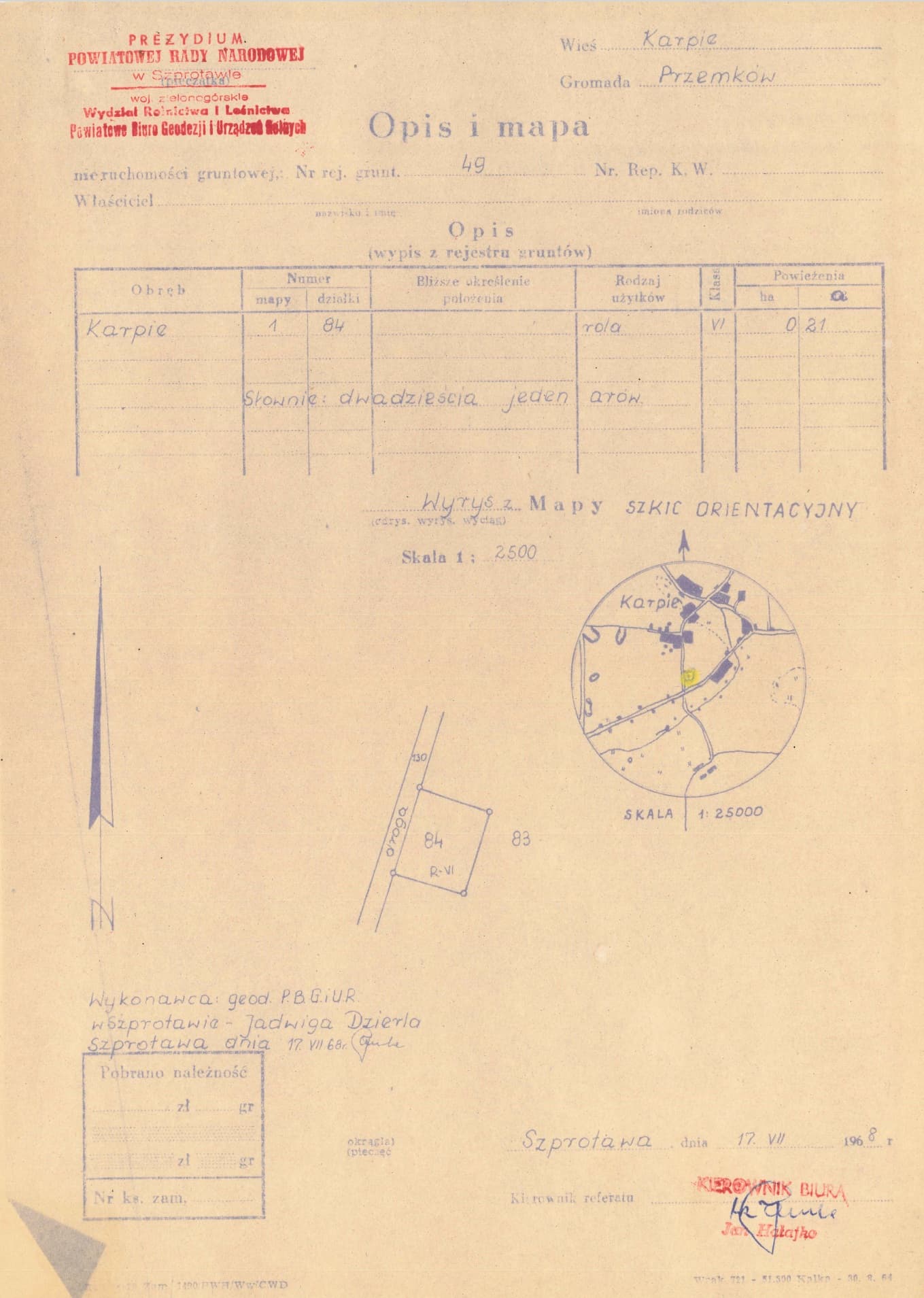 Kopia Opisu i mapy likwidowanego cmentarza na Dużej Hucie z dnia 17.07.1968 - Strona 1